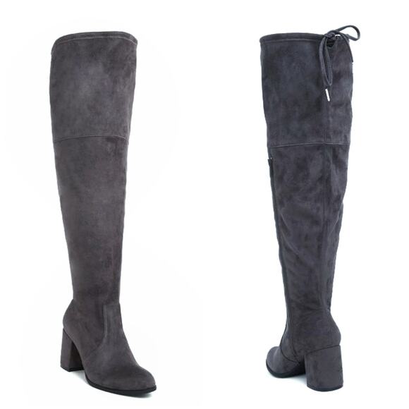 Torrid | Gray Suede Over-The-Knee Back Tie Block Heel Boots - Picture 1 of 14